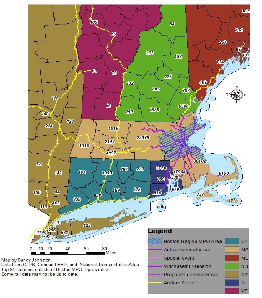 Figure 2 A map showing the number of commuters into the Boston core from New England and New York counties lying outside the Boston MPO region, using Census LODES 2014 data.
